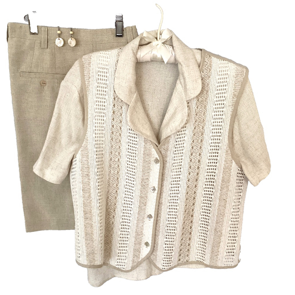 Fine Line NY Short Sleeve Cream Textural Cropped Button Up Blouse Size L - Picture 6 of 7